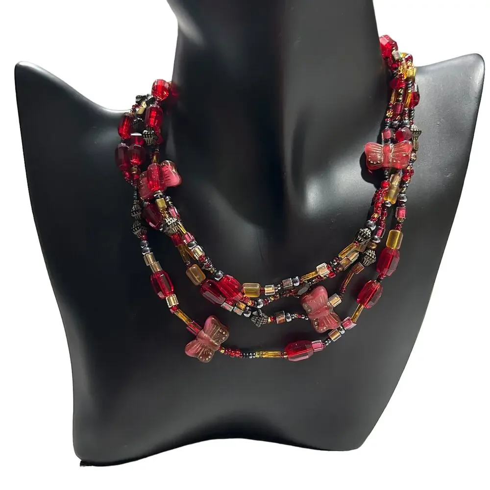Red and Gold Multi-Strand Glass Bead Layered Necklace
